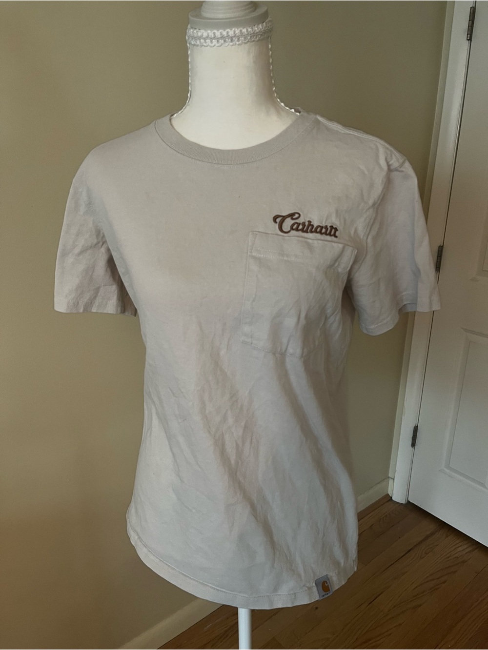 Carhartt Short-Sleeve Pocket Tee in Light Tan with Brown Logo
